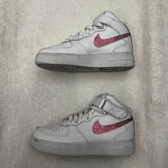Nike Air Force 1 Mid LE Triple White (GS) sz 3.5Y Pink Swoosh Customized - Picture 3 of 14